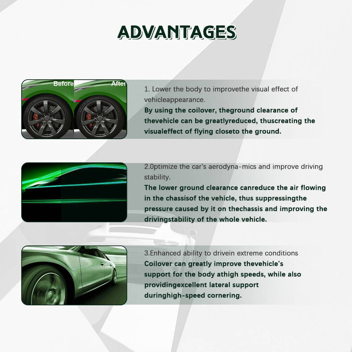 Coilover advantages infographic with car images and three numbered benefit descriptions