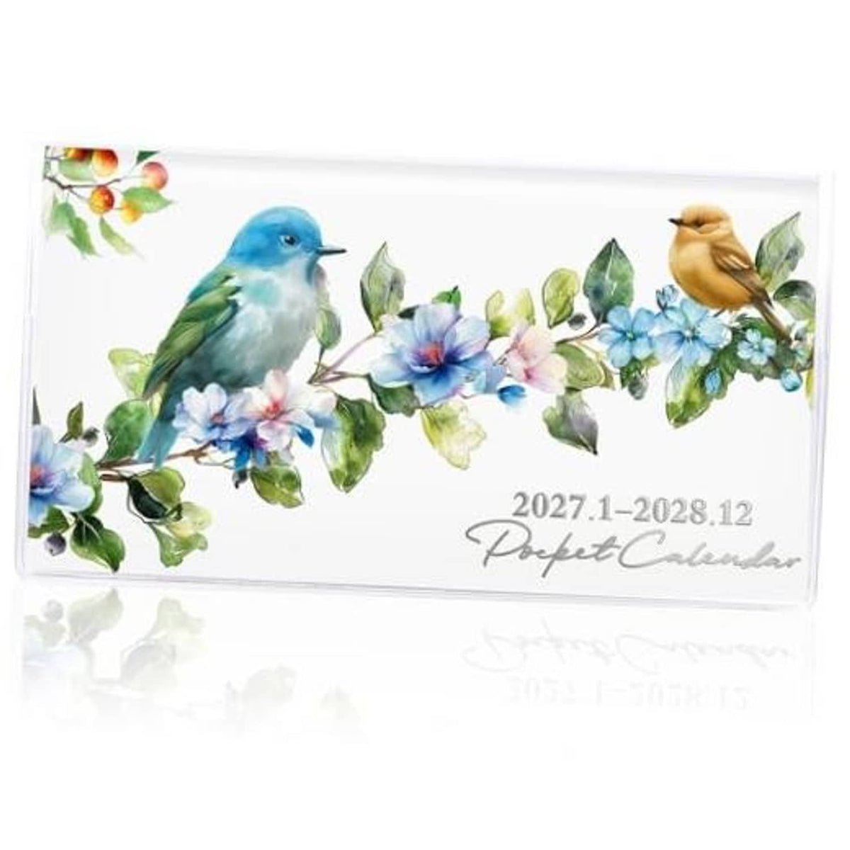 Pocket calendar cover with blue and tan birds on floral branches, 2027–2028 dates