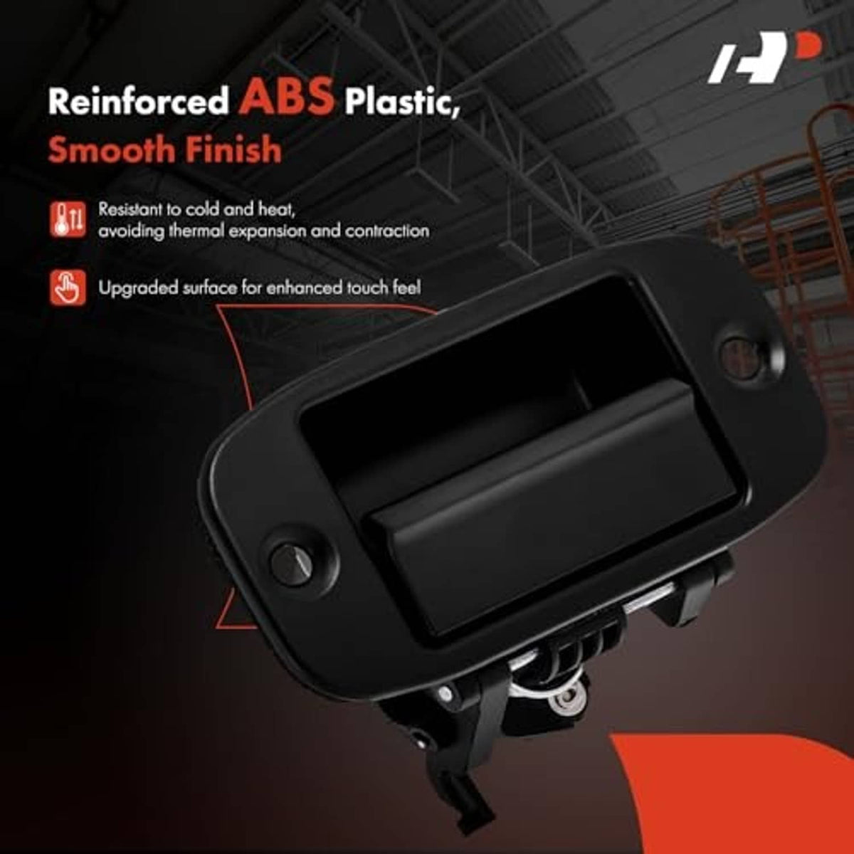 Black interior door handle with smooth ABS plastic finish and visible corner mounts