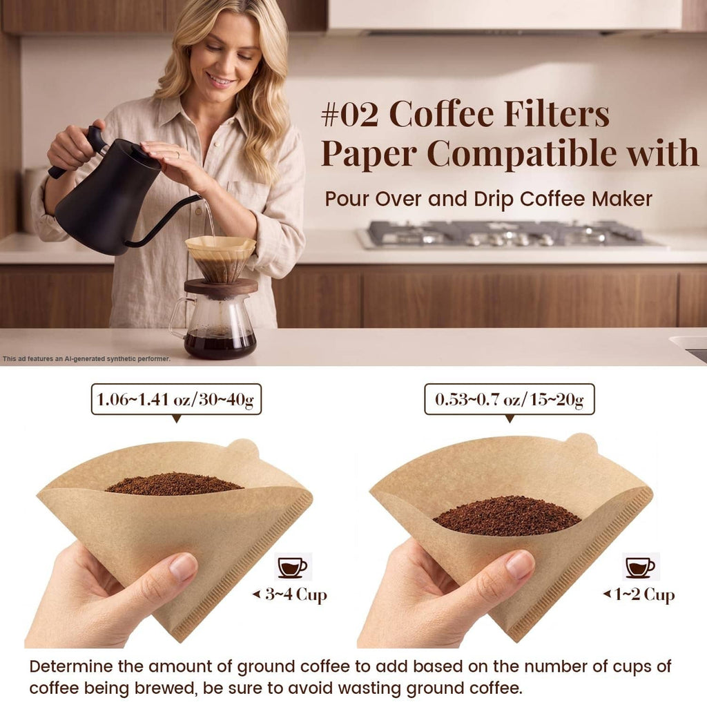 #02 cone coffee filter papers, shown in a pour-over brewing setup