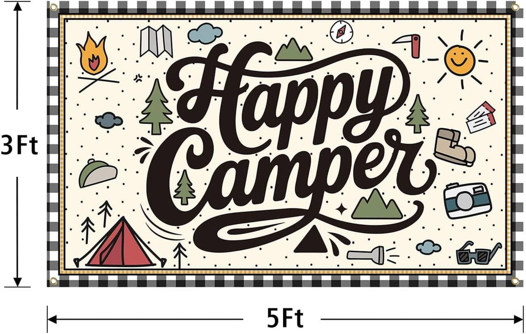Camping banner flag showing “Happy Camper” lettering with camping icons and brass grommet border