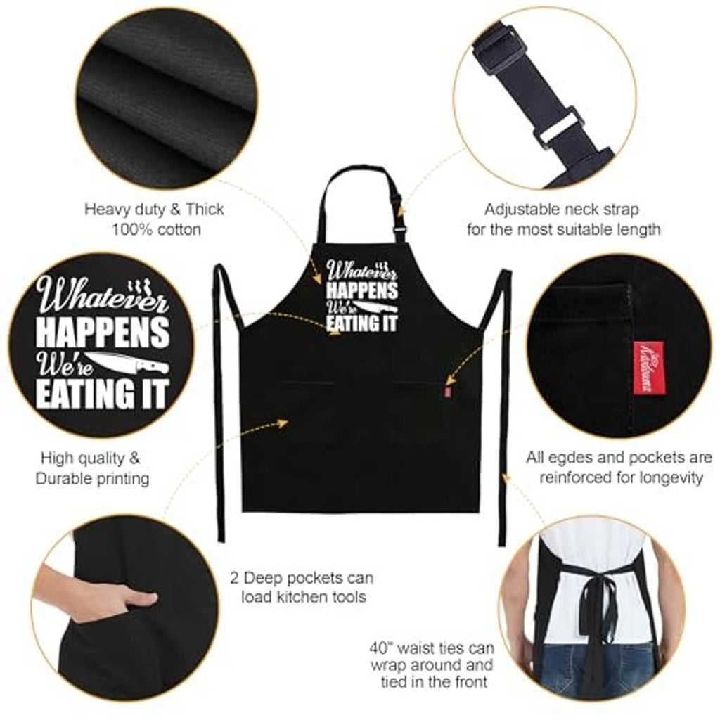Black cotton grill apron with adjustable neck strap, two pockets, and 'Whatever happens' print