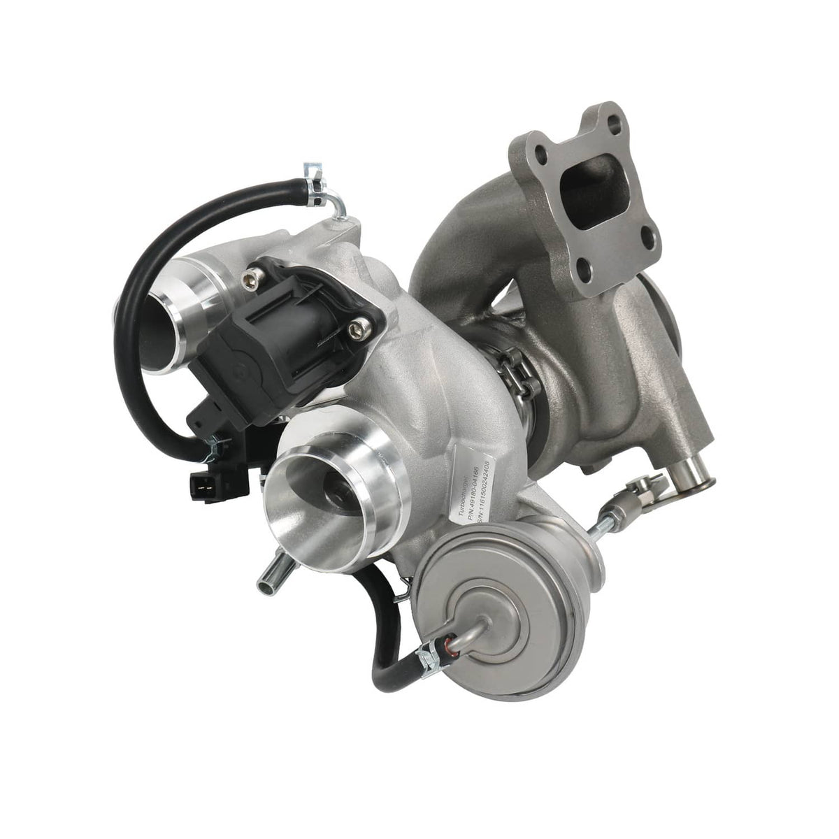 Turbocharger assembly with silver housing, black wiring, and intake outlet pipe