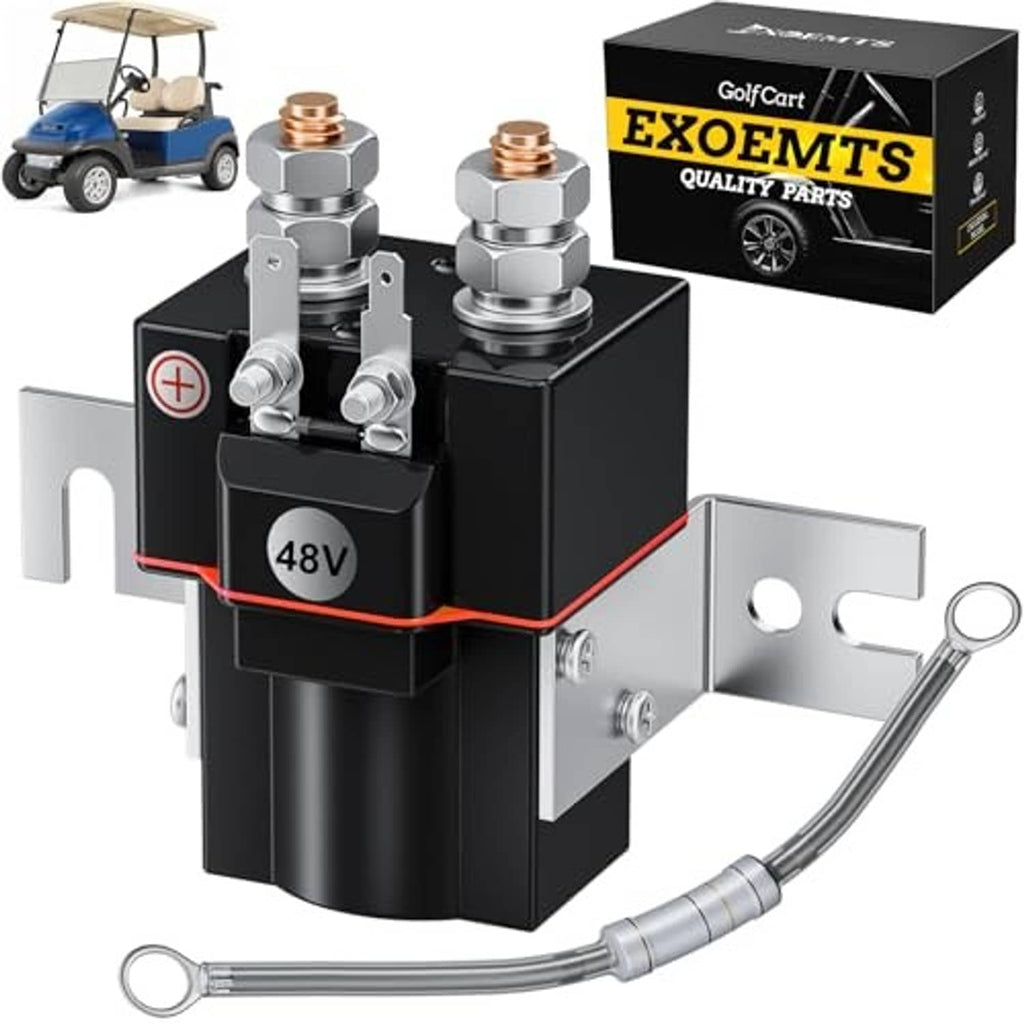 48V solenoid coil assembly with copper terminals, red grounding mark, and bracket
