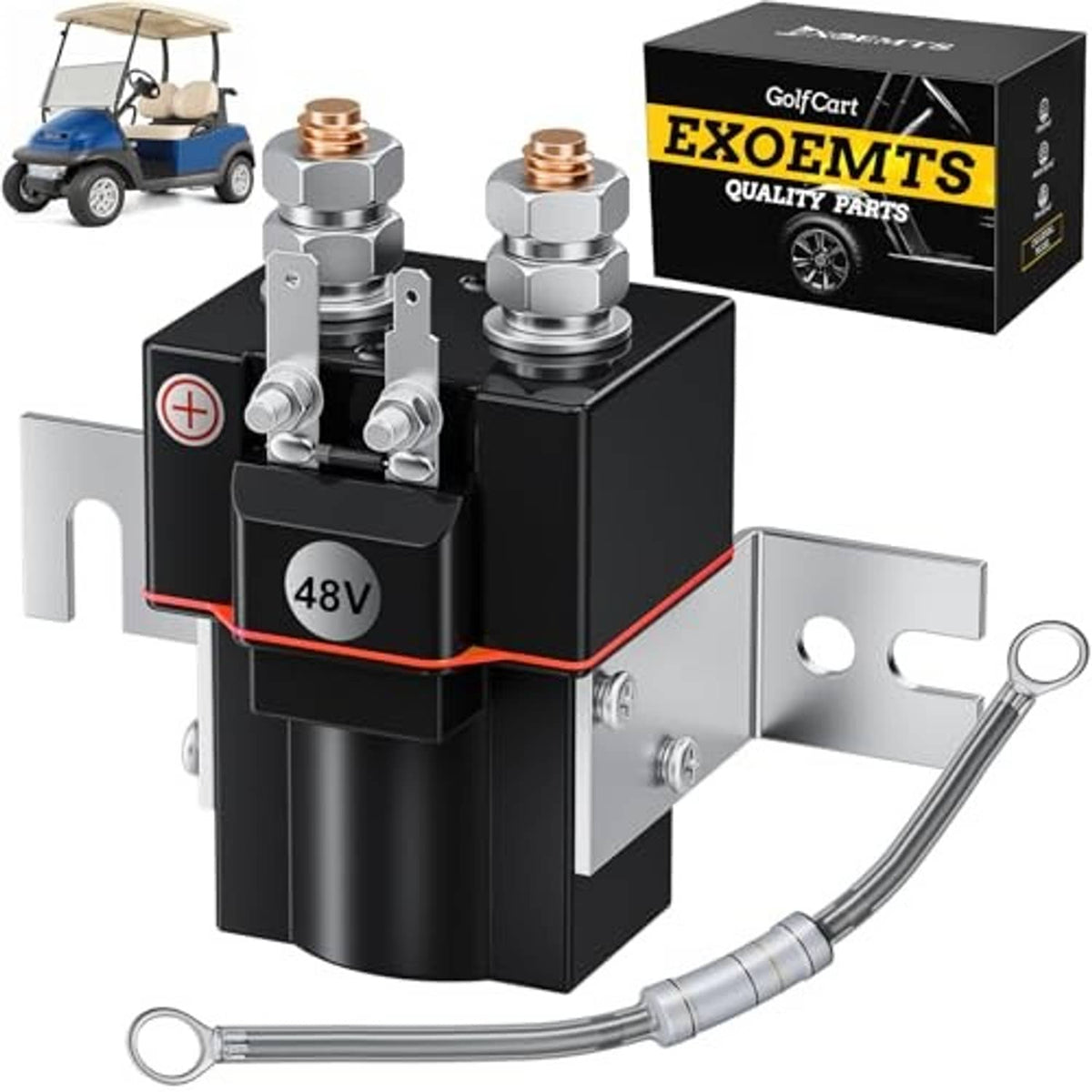 48V solenoid coil assembly with copper terminals, red grounding mark, and bracket