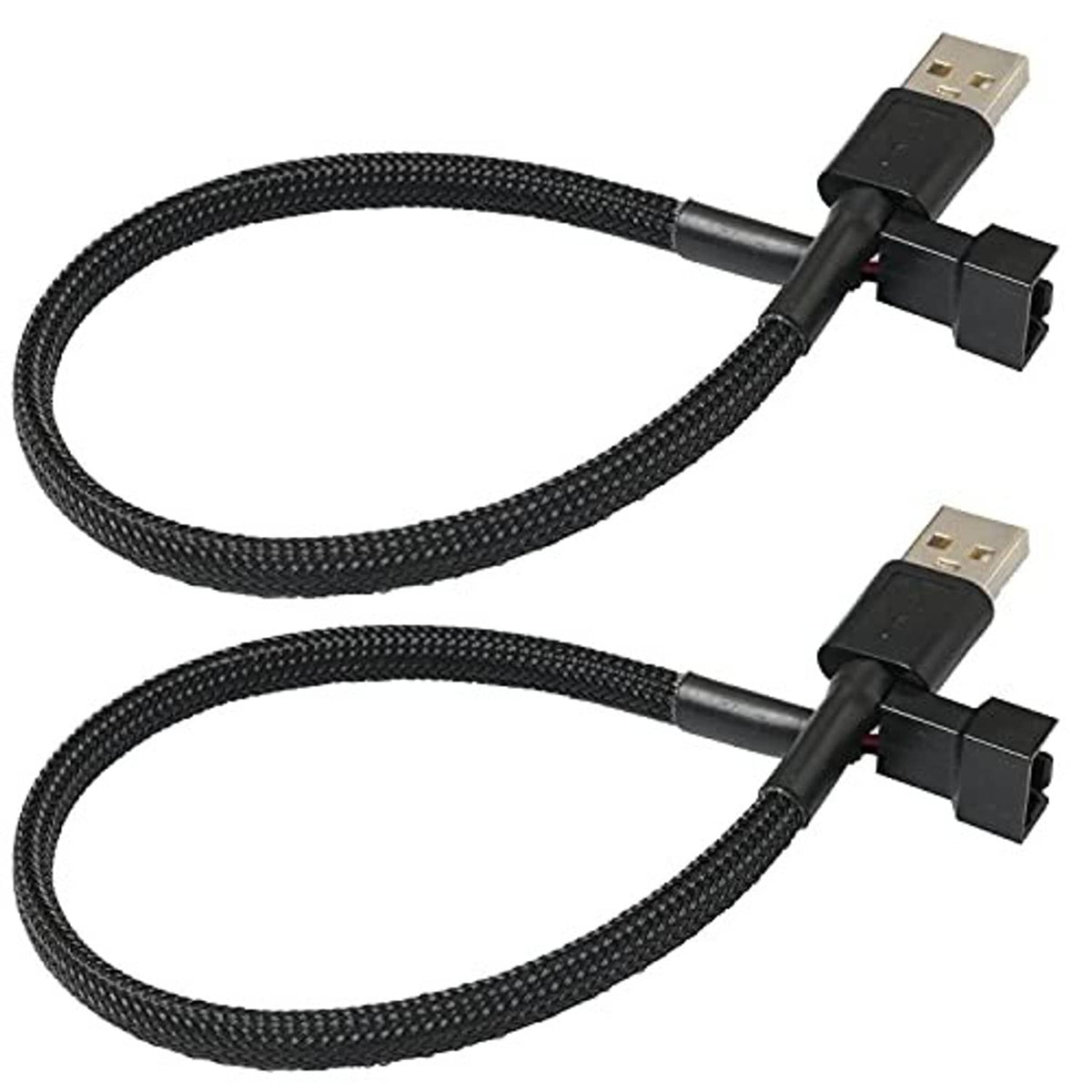 Two black USB-A to PWM fan adapter cables with 3/4-pin connectors