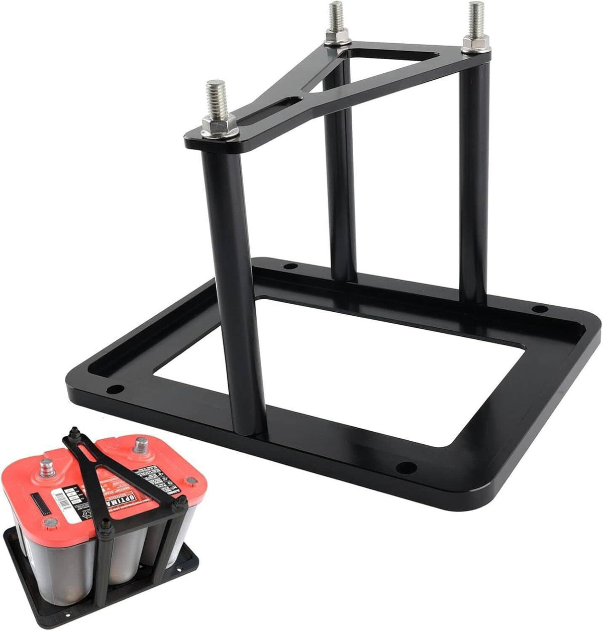 Black battery tray hold-down mounting frame with four posts and stud bolts