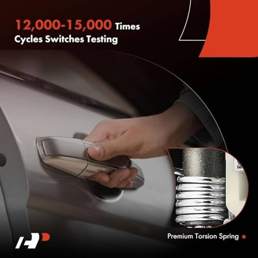 Hands using chrome exterior door handle on vehicle door, front right style