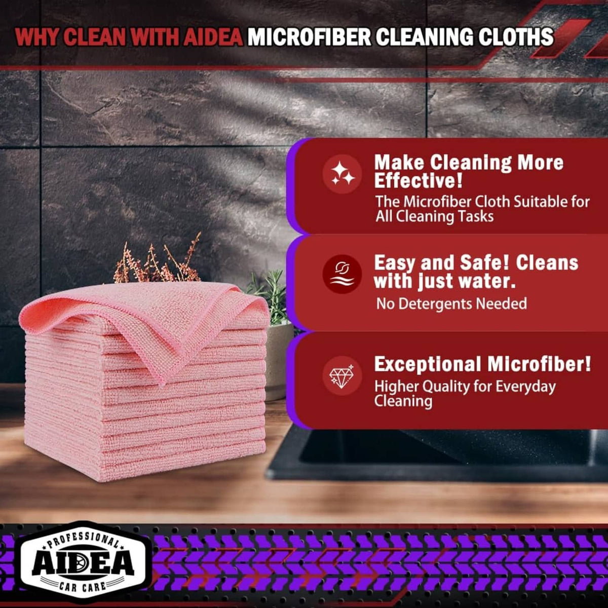 Pink microfiber cleaning cloths, folded stack, soft lint-free absorbent material