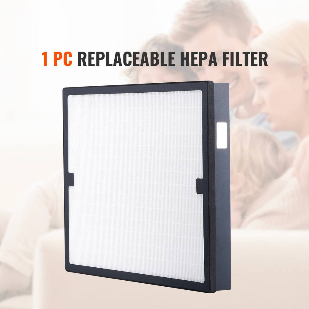 Replacement HEPA air filter panel with dark frame and white pleated filter media