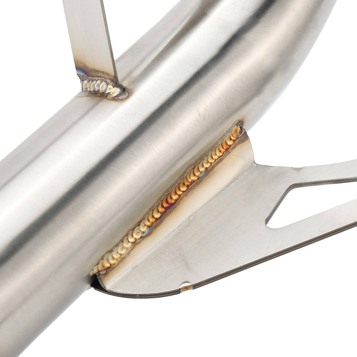 Stainless exhaust mid link pipe close-up showing welded seam and gold-blue heat tint