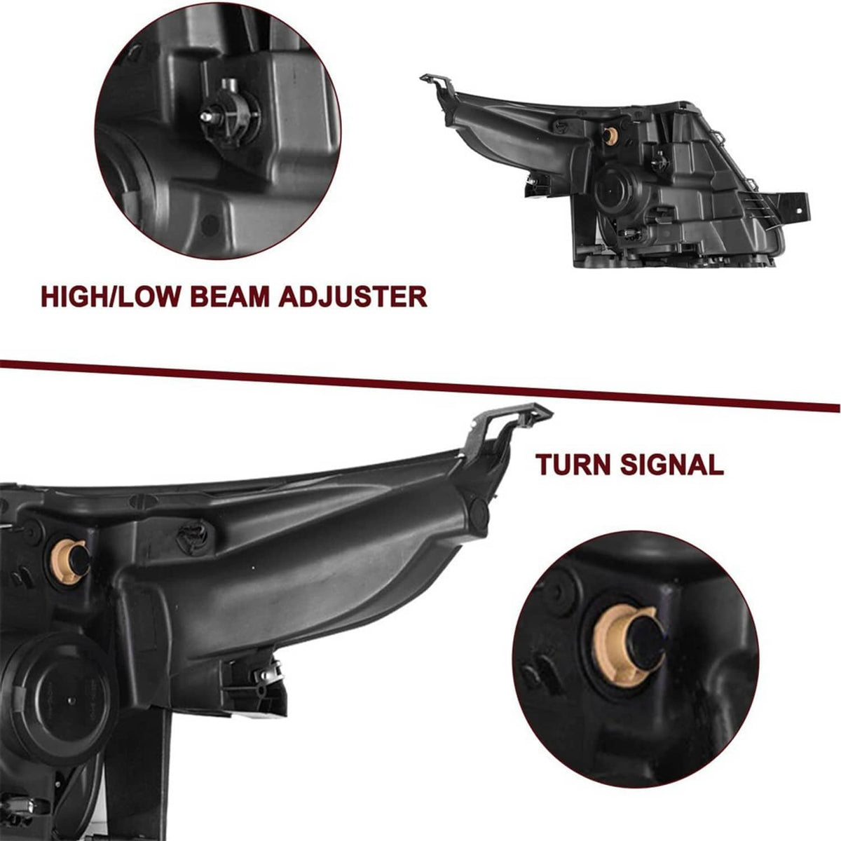 Halogen projector headlight pair with chrome trim and clear lens, black housing