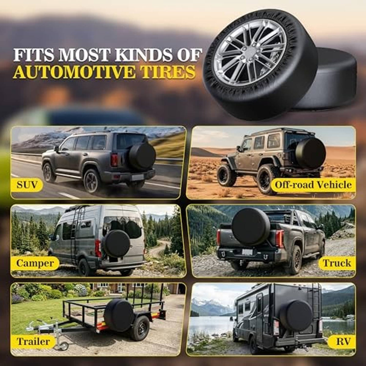 Spare tire cover mounted on SUV rear; round dark cover over spare wheel for vehicles.
