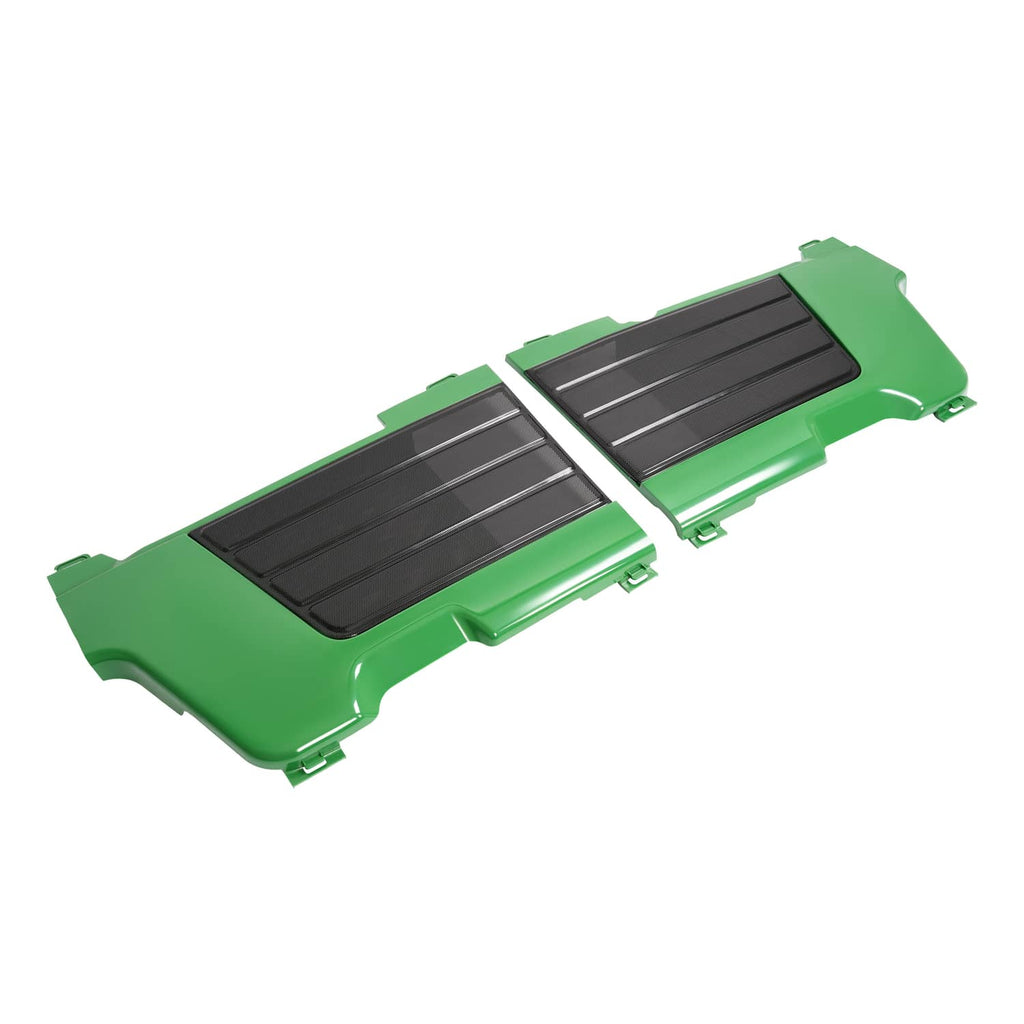 Green side panel screen grille set with two black louvered inserts, angled view