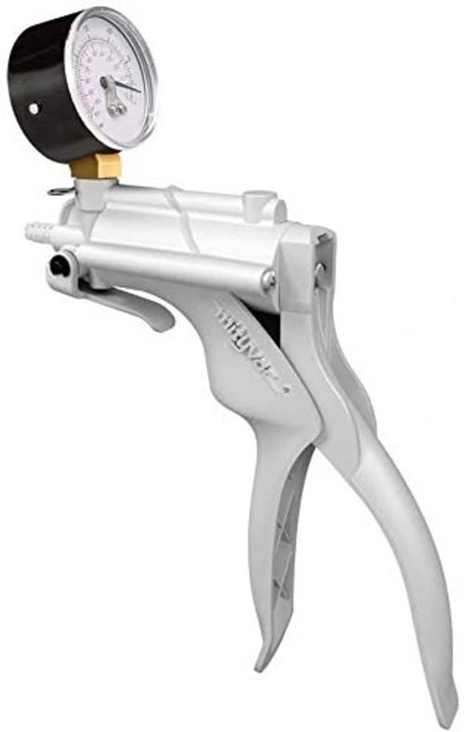 White hand pump brake bleeder with mounted pressure gauge and trigger handle