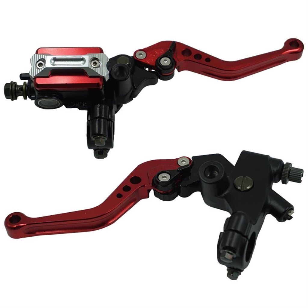 Red motorcycle brake and clutch master cylinder lever set with silver reservoir cover