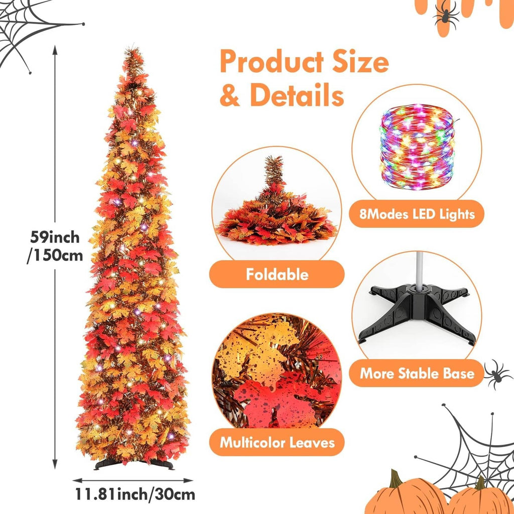 59in foldable fall lighted tree, multicolor leaves, 8-mode LED lights