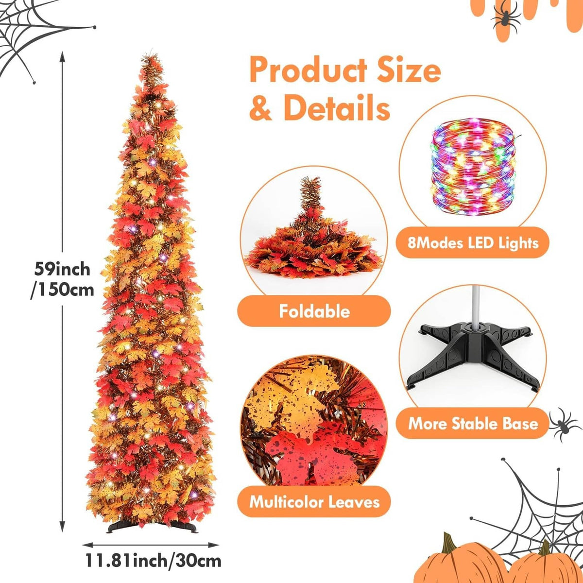59in foldable fall lighted tree, multicolor leaves, 8-mode LED lights