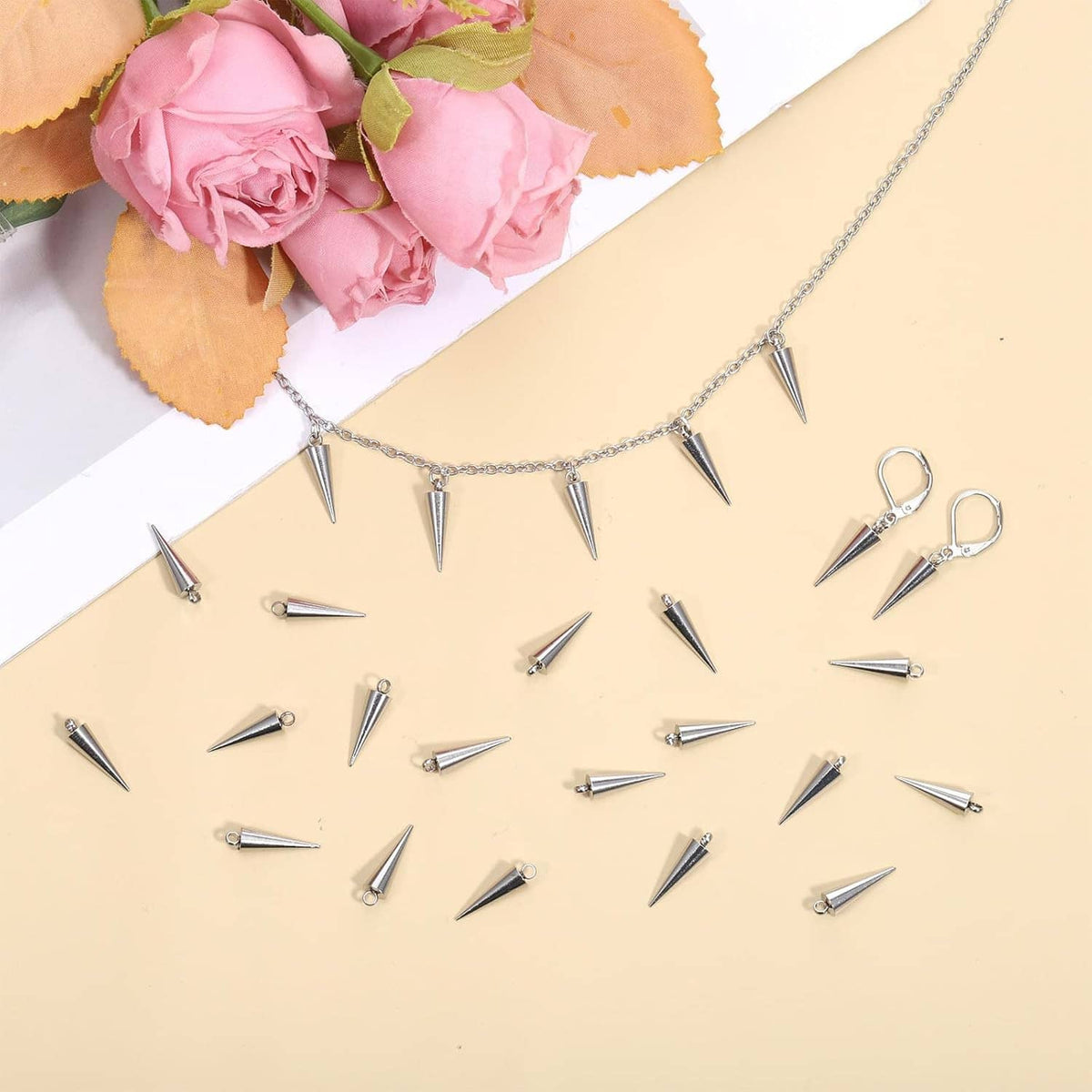 Stainless steel spike cone charm necklace with silver chain and cone bead spikes