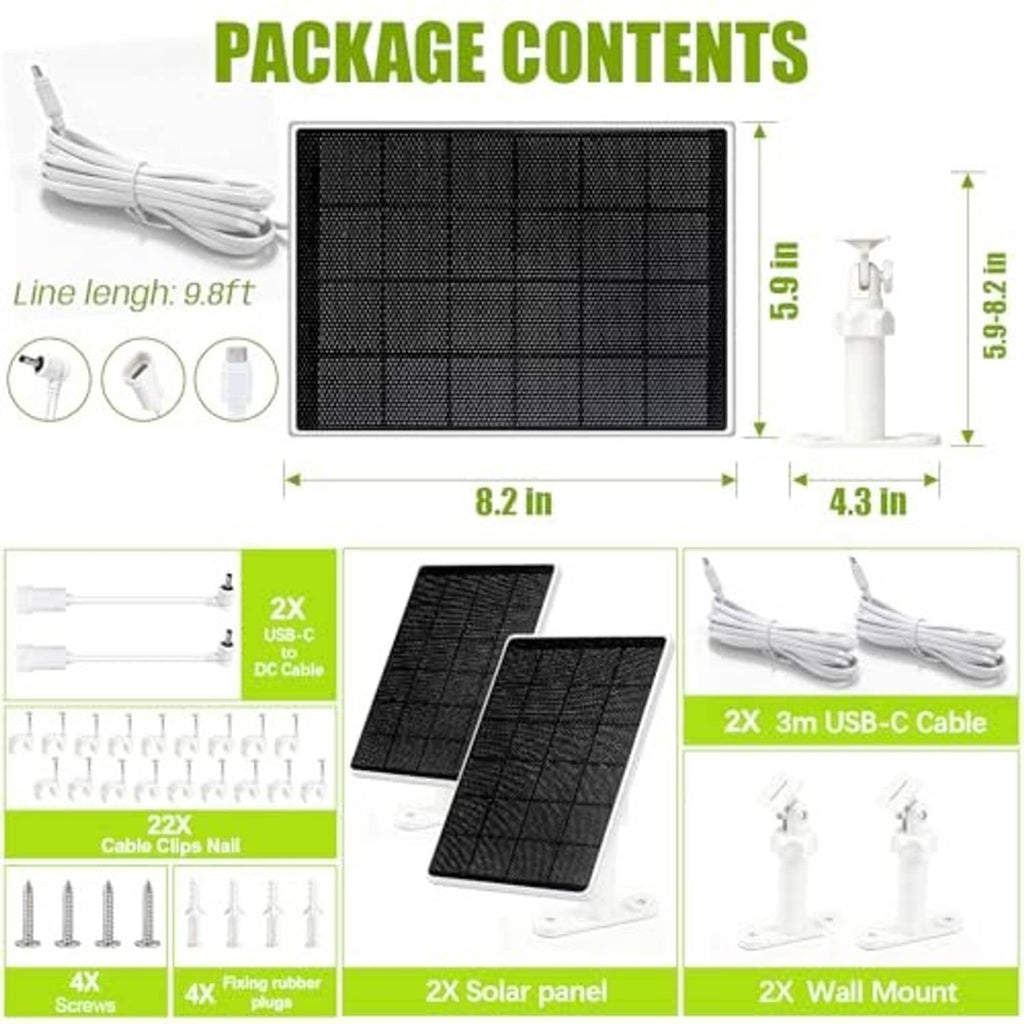 Solar panel camera kit with two black panels, white mounts, and connecting cables