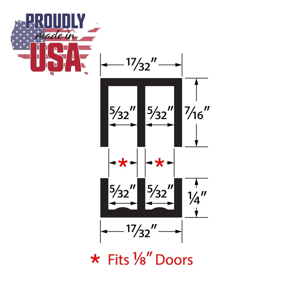 Sliding door track set size diagram for 1/8 in doors, dual-channel profile