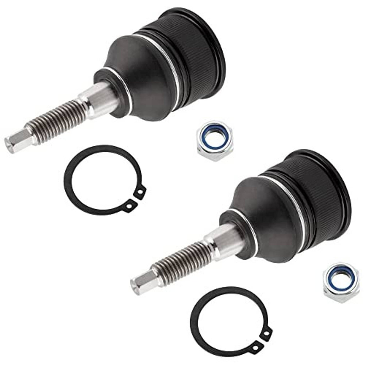 Front upper ball joint set with black rubber boots, threaded studs, nuts and snap rings