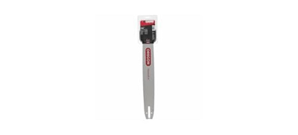 Oregon chainsaw bar and chain combo, gray bar with red top label and split tail holes.
