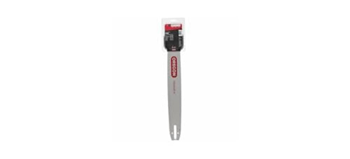 Oregon chainsaw bar and chain combo, gray bar with red top label and split tail holes.
