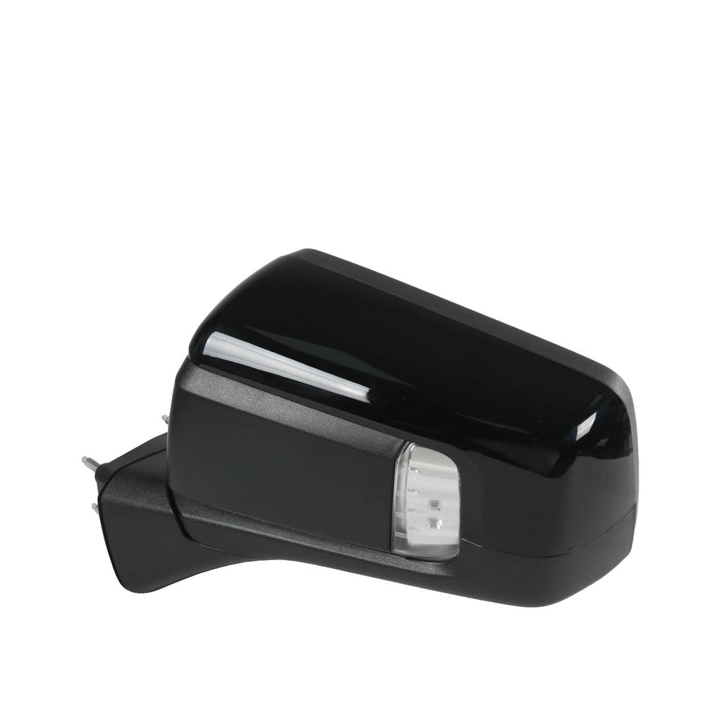 Black side mirror with clear turn-signal lens, front-right angled view