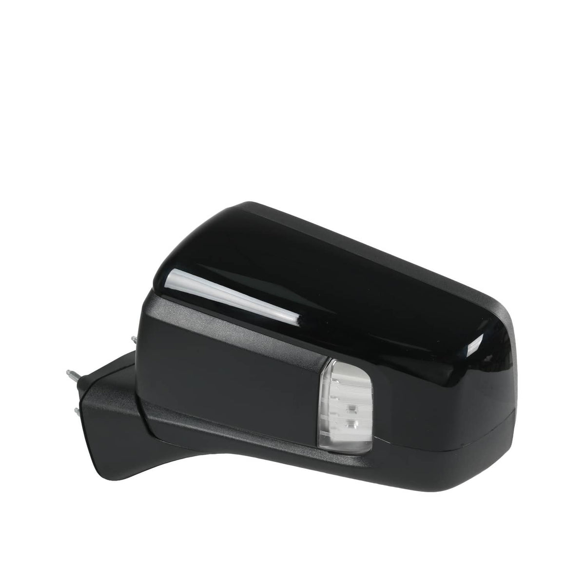 Black side mirror with clear turn-signal lens, front-right angled view