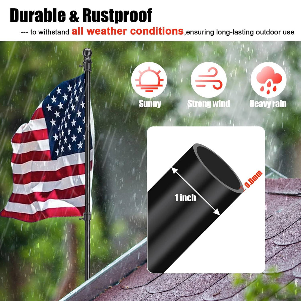 Durable black flagpole with American flag in heavy rain conditions