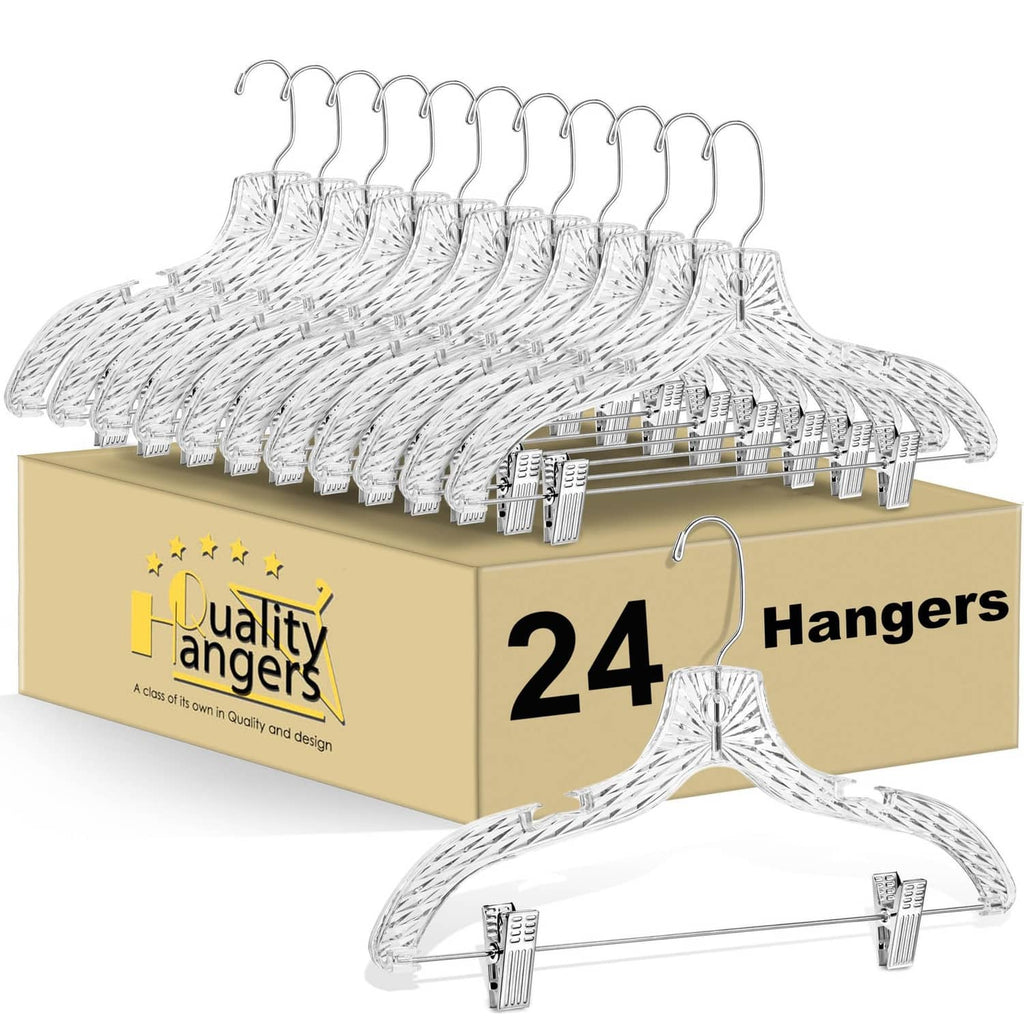 Clear plastic skirt hangers with chrome hooks and clamp clips, set of multiple