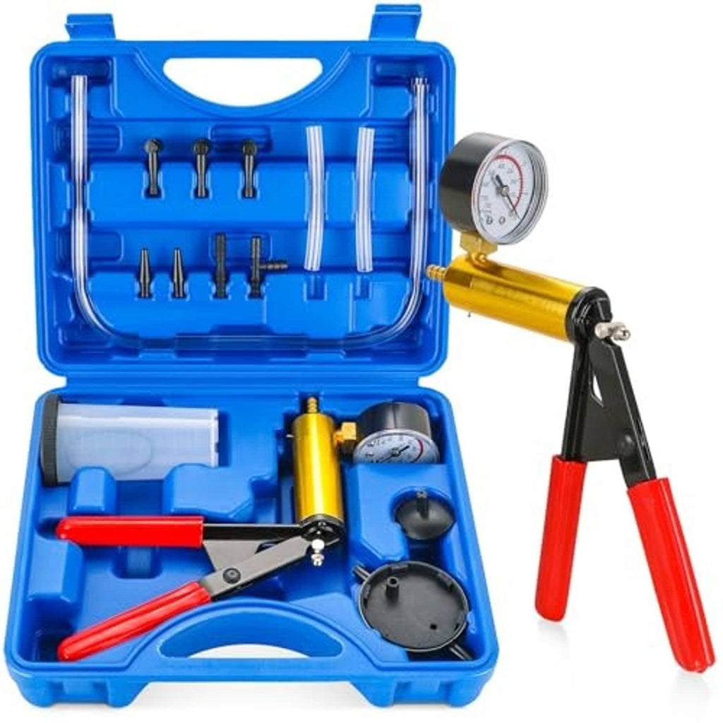 Blue vacuum brake bleeder kit in open case with pressure gauge, hand pump, and fittings