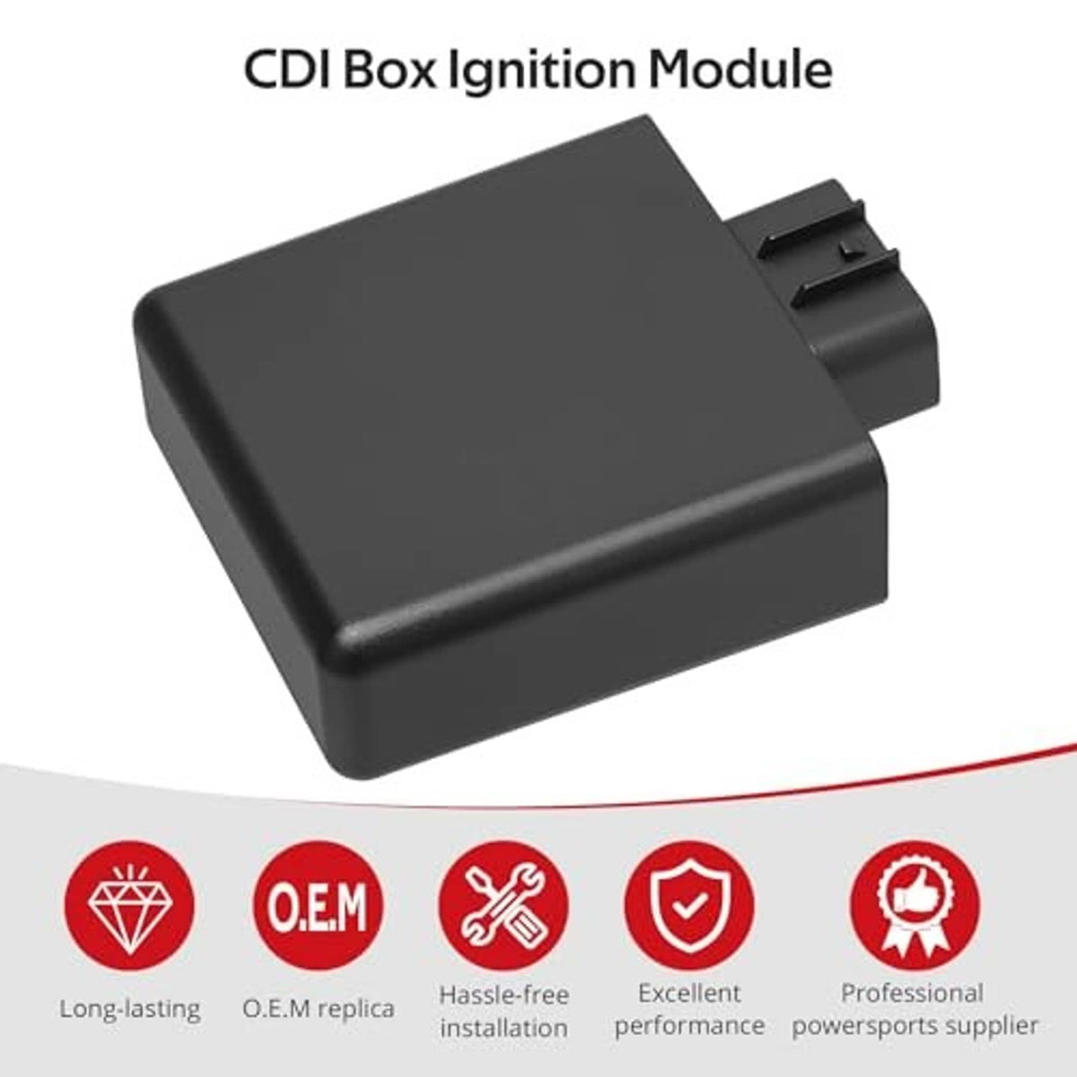 Black CDI ignition module with top connector housing and angled end profile