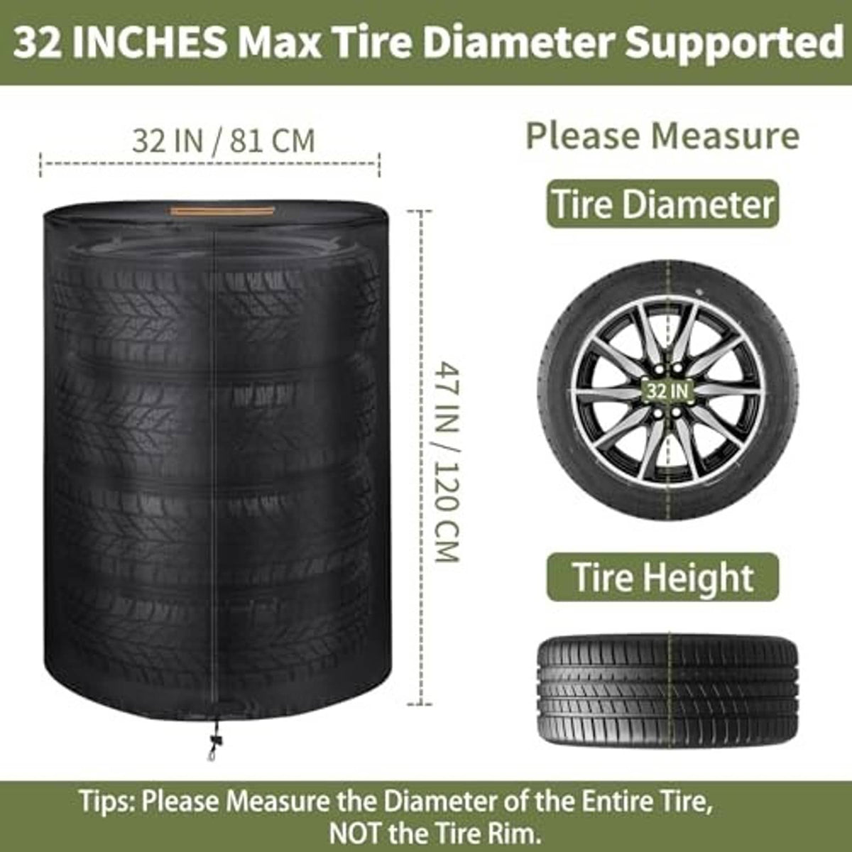 Black tire cover for up to 32-inch tire diameter, with drawstring bottom