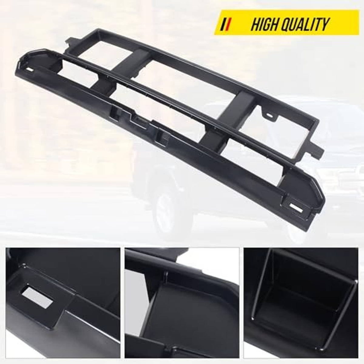 Black grille insert frame with rectangular openings and mounting clips, shown at an angle