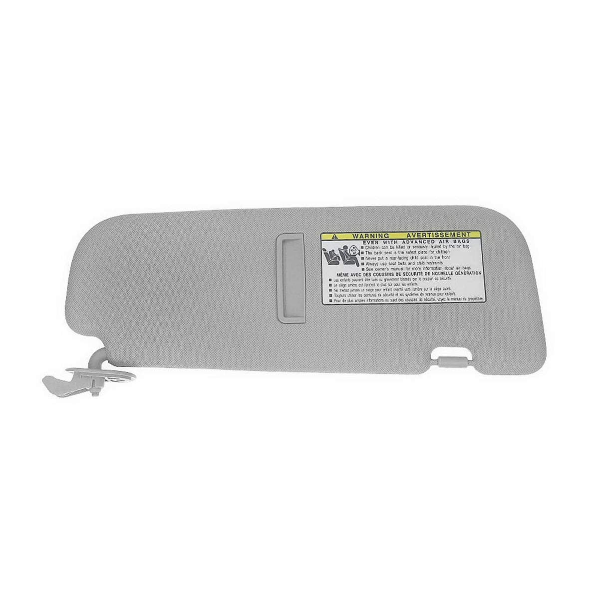 Gray car sun visor with mounting clips and warning label, standalone view