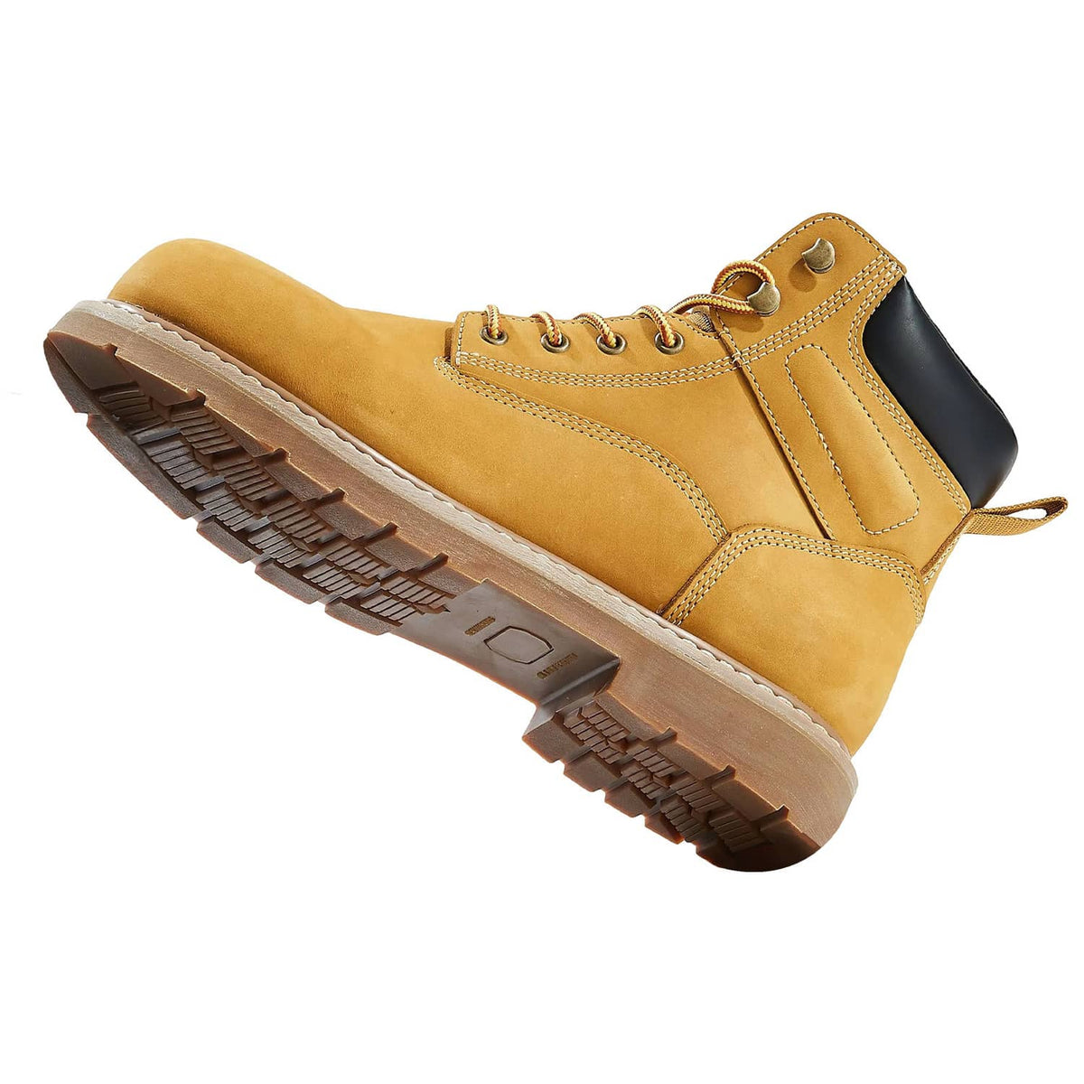 Yellow work boot with textured lug outsole and black heel panel detail