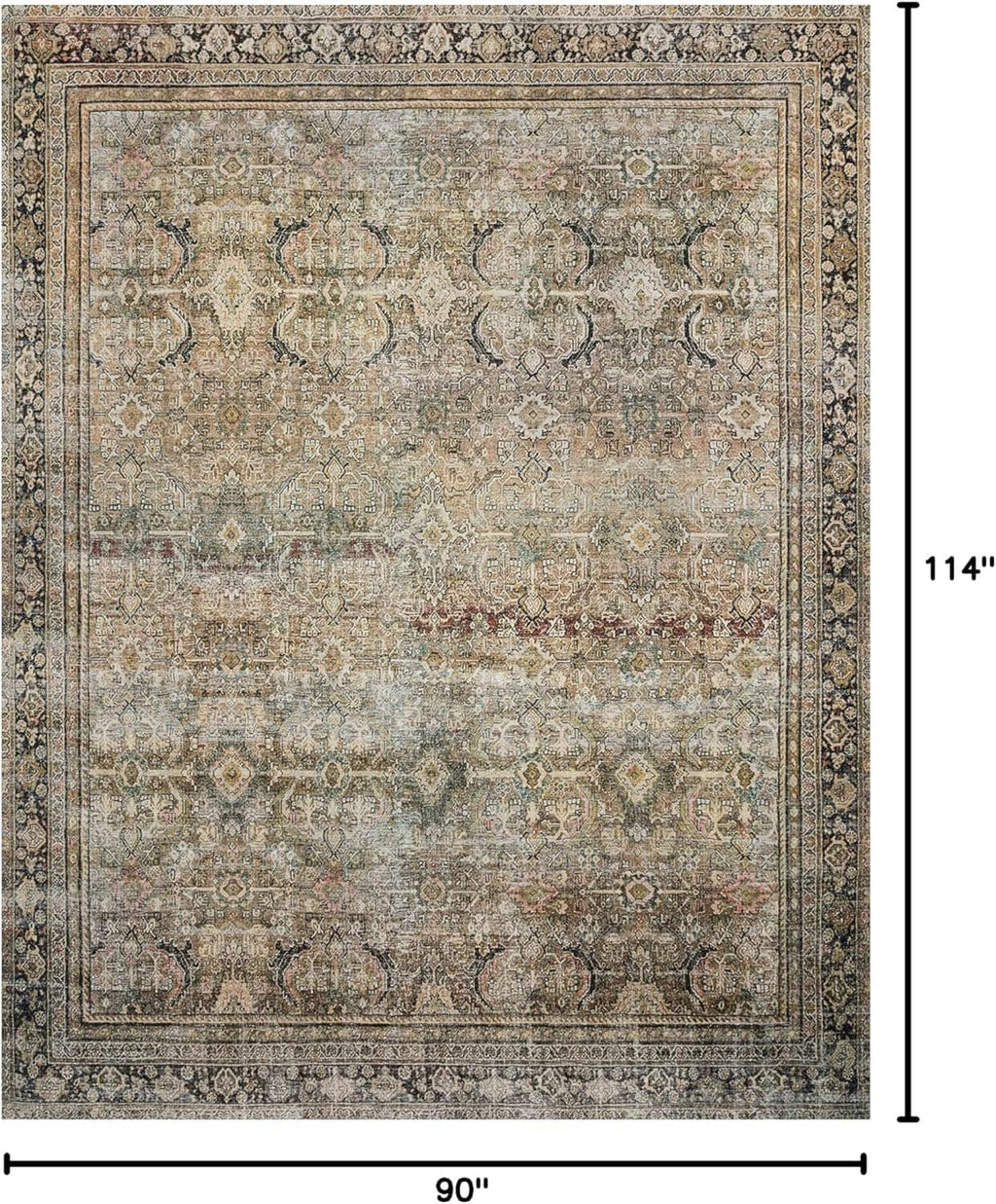 Rectangular vintage-style area rug with ornate border and muted olive, charcoal, cream colors