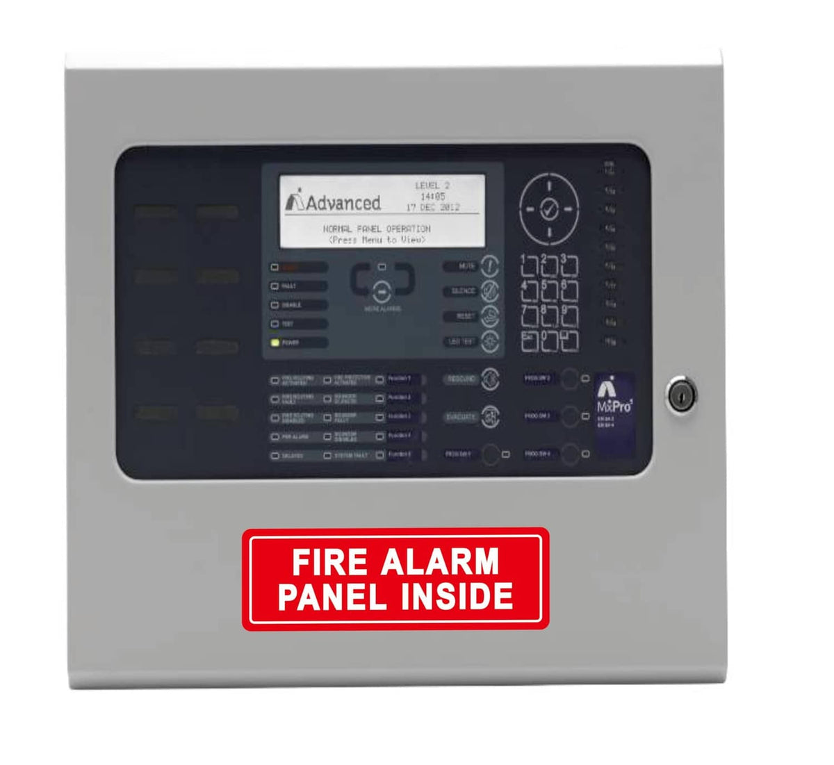 Grey fire alarm control panel with recessed screen and red FIRE ALARM PANEL INSIDE label