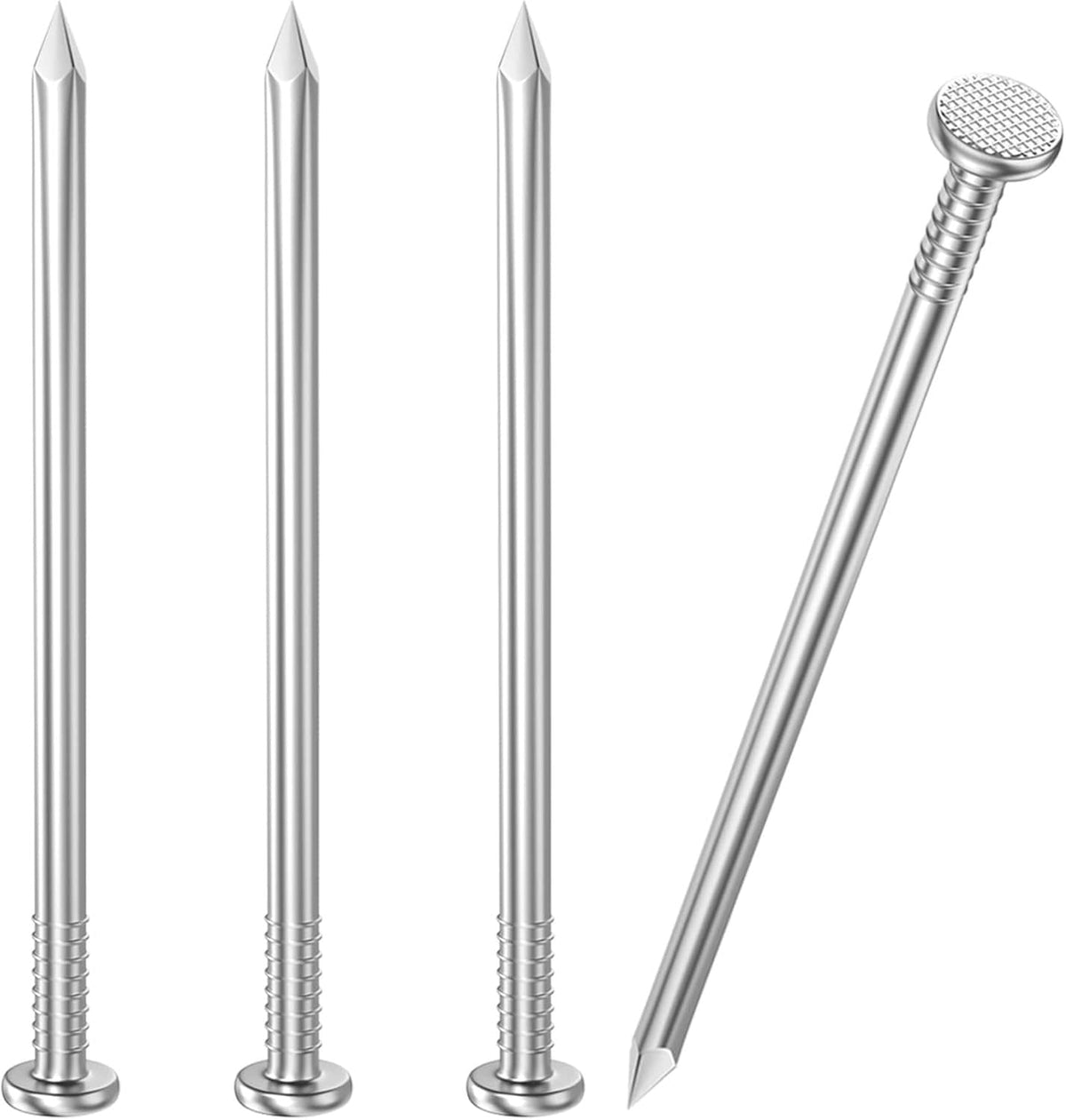 Stainless steel flat head nails with sharp points, three upright plus one angled