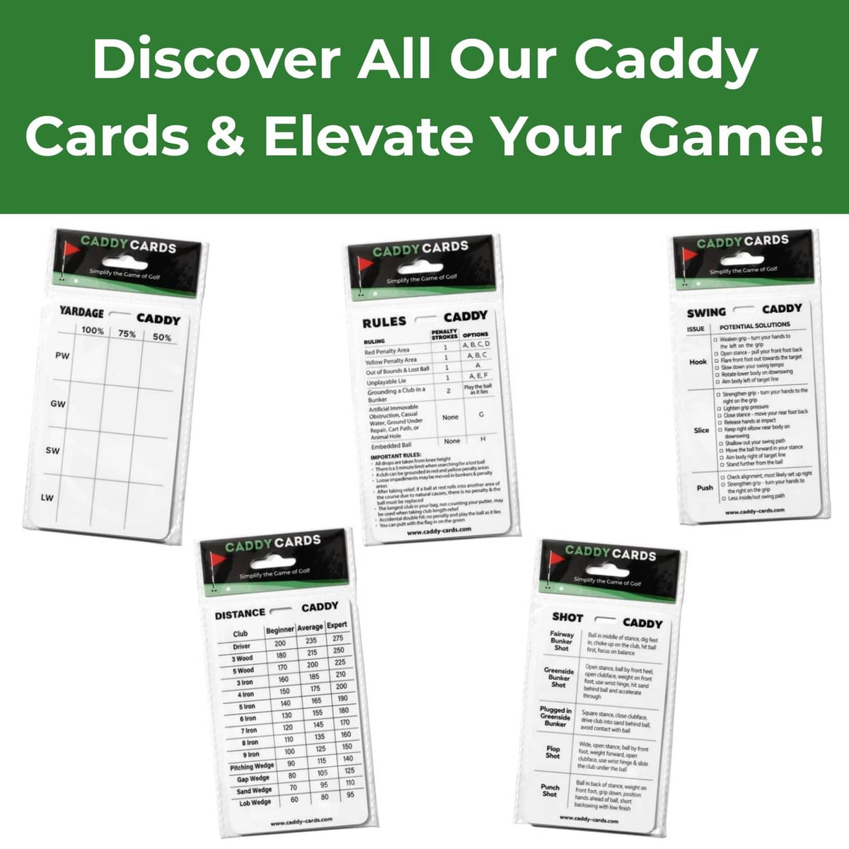 Assorted Caddy Cards quick reference packs shown together, Discover all our Caddy Cards