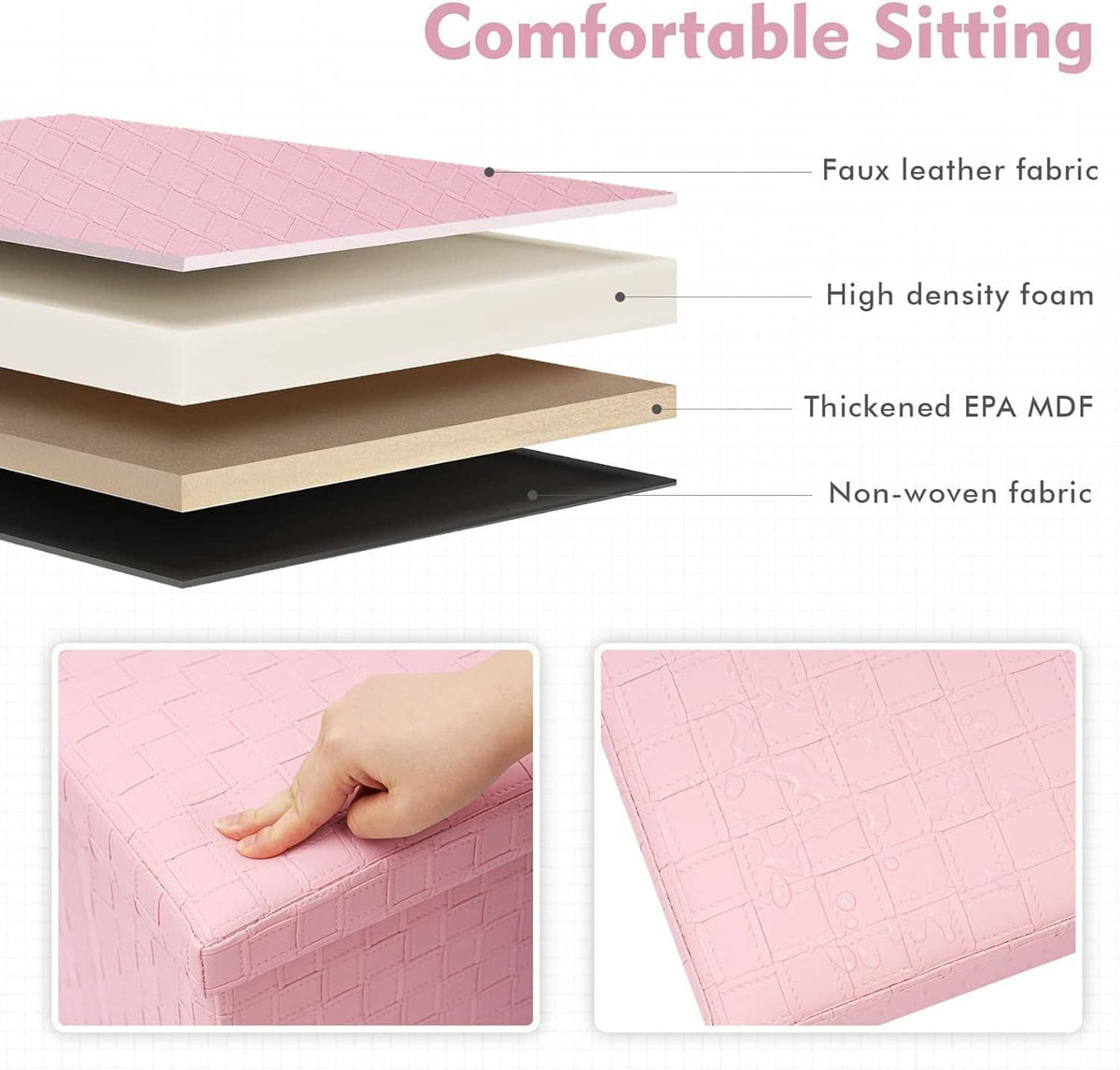 Pink storage ottoman construction close-up diagram with faux leather and foam layers.