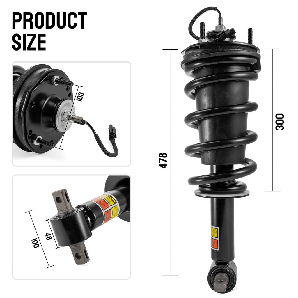 Coil spring shock absorber with black body and silver mounting hardware, with size callouts