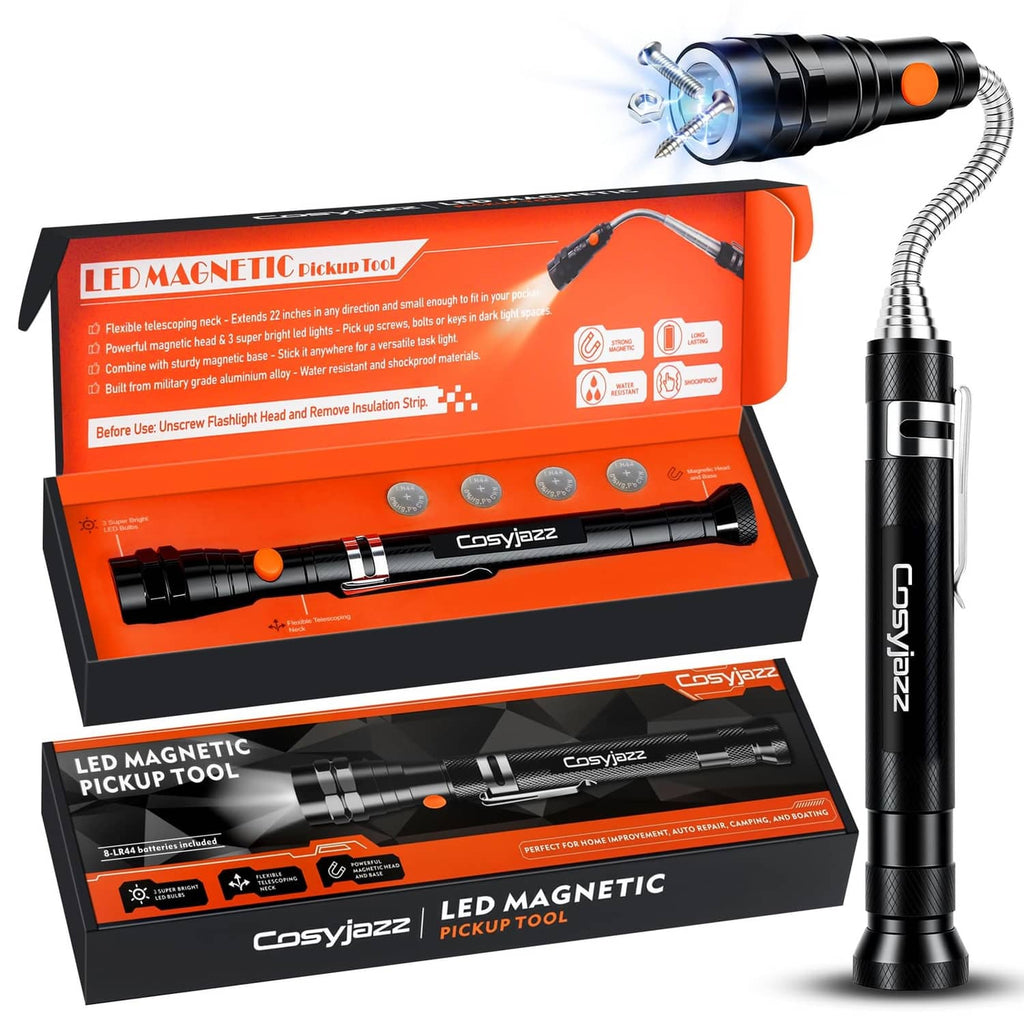 Black telescoping magnetic pickup tool with LED flashlight and orange retail box