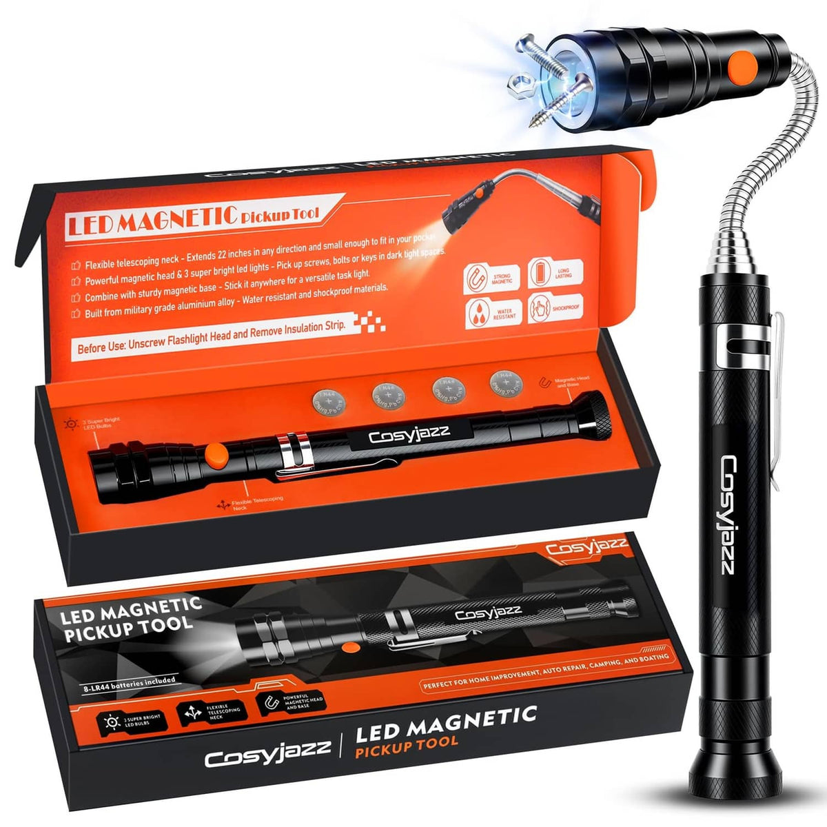 Black telescoping magnetic pickup tool with LED flashlight and orange retail box