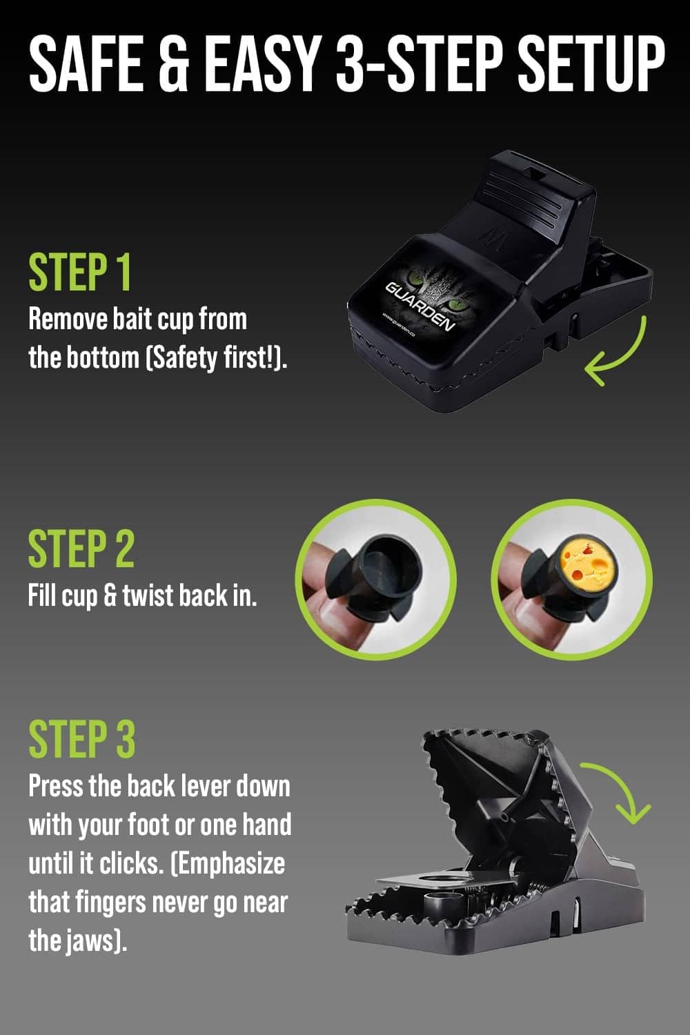 Black snap rat trap with safe, easy 3-step setup instructions