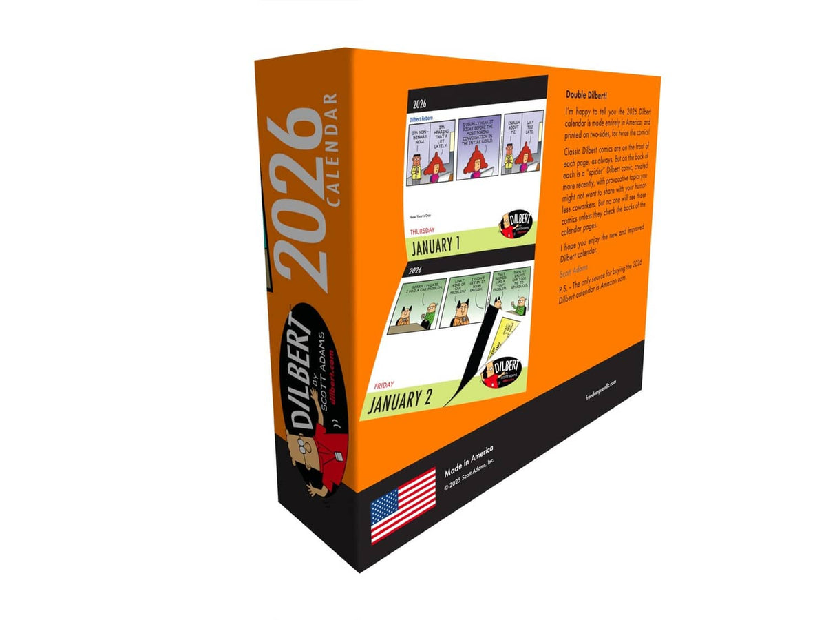 Dilbert 2026 desk calendar angled view showing side “2026 Calendar” text and pages