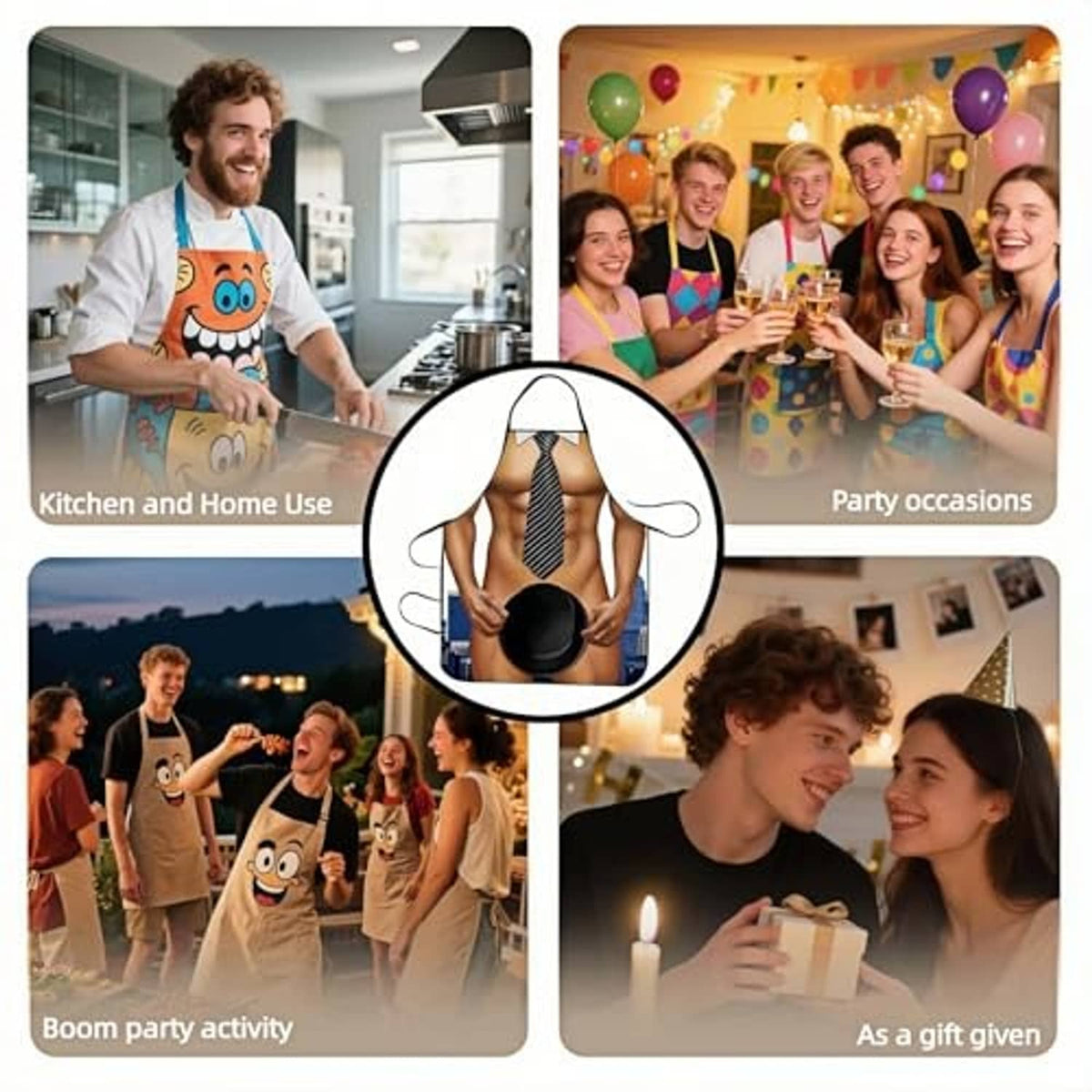 Muscle man novelty apron with striped tie and black hat graphic, worn over shirt