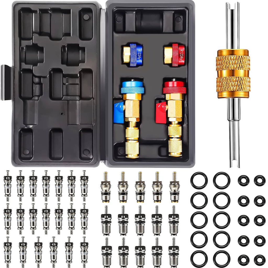 Air conditioner valve core tool set with case, brass fittings, and black O-rings